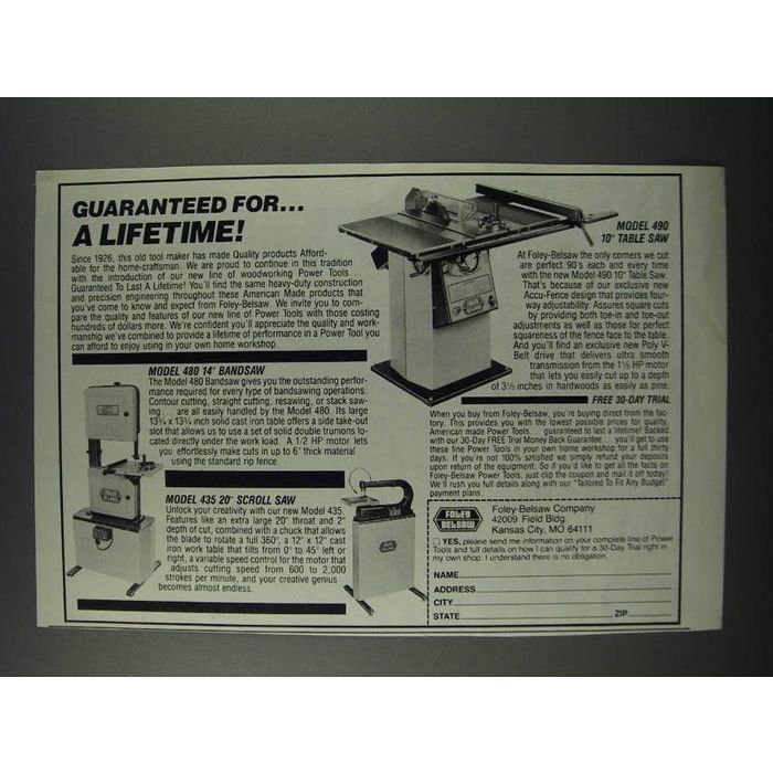 1986 Foley Belsaw Ad - 490 Table Saw 