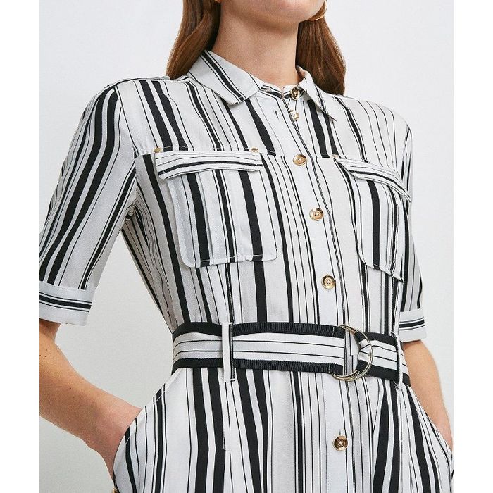 karen millen striped shirt dress Karen Millen Forever Stripe Cotton Poplin Drama Sleeve Woven Wrap Detail Shirt Dress in Navy