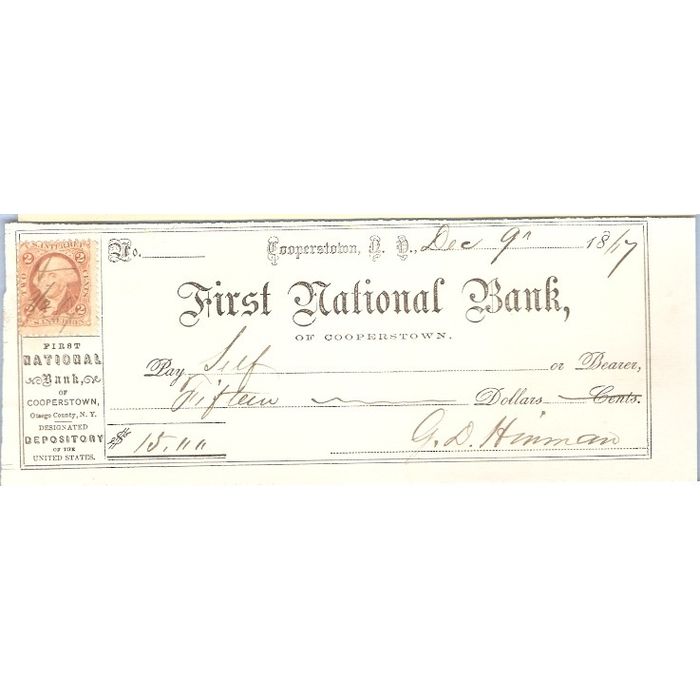 New York Cooperstown Cancelled Check First National Bank Of