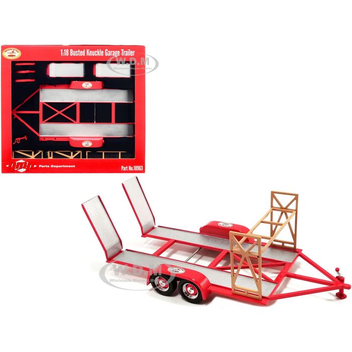 1/18 TANDEM CAR TRAILER BUSTED KNUCKLE GARAGE with ramps and a tire ...