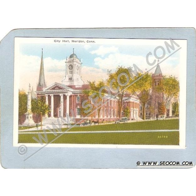 CT Meriden Postcard City Hall Street Scene w/Old Cars Horse & Wagon ct ...
