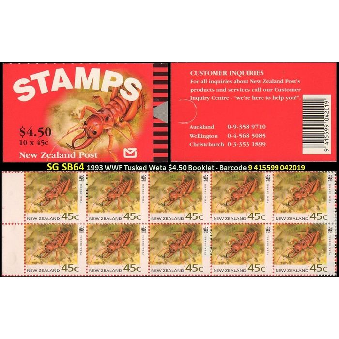 NZ 1993 45c Tusked Weta WWF $4.50 Booklet [SG SB64] Barcode 042019 on ...