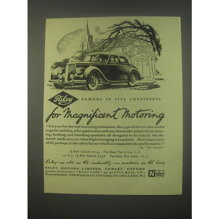 1949 Riley Cars Ad - Famous in five continents for magnificent motoring ...