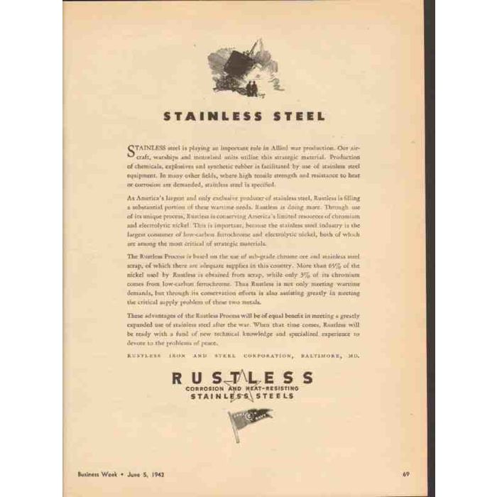 Rustless Iron RUSTLESS IRON STEEL CORP 1943 Stainless war production WW2 vintage ad ...