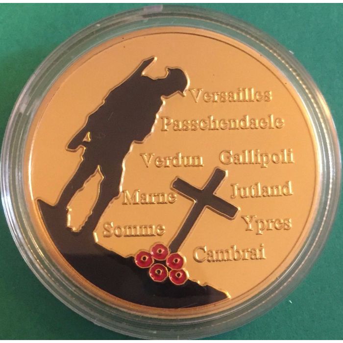 RARE 24k Gold-Plated WW1 Gedenkmünze 1914-18 – 40 Mm, 28 G – Erinnerungsstück An Den Ersten Weltkrieg
