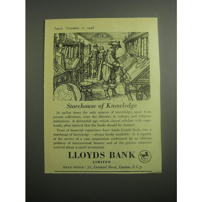 1948 Lloyds Bank Ad Storehouse Of Knowledge On Ebid United