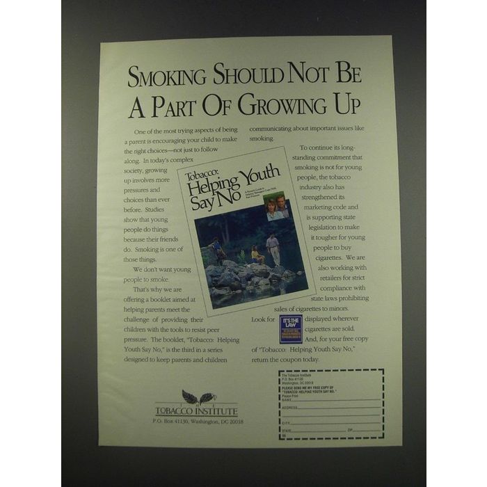 1991 The Tobacco Institute Ad - Smoking should not be a part of growing up on eBid United States