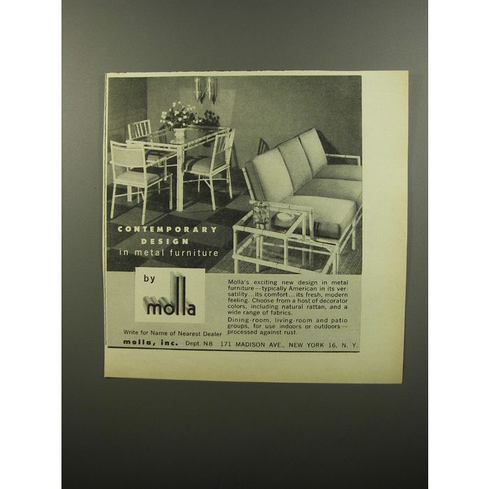 1953 Molla Furniture Ad - Contemporary design in metal furniture on