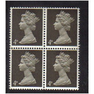 1967 GB Q.E.11 4D DEEP OLIVE-BROWN BLOCK mnh SG732
