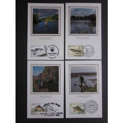 1983 BRITISH RIVER FISH BENHAM SILK POSTCARDS WITH F.D.I. POSTMARKS. ( 02326 )