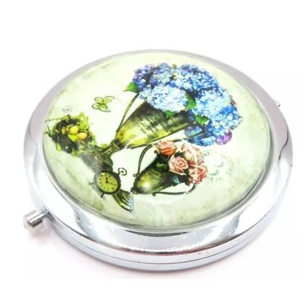 Floral Compat Mirror Silverl Coloured Rim Blue Hydrangea Gift Beauty Ladies