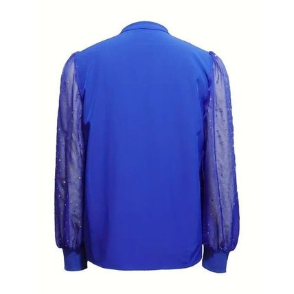 New Women's Fashion Medium Blue V-Neck Rhinestone Mesh Stitching Blouse