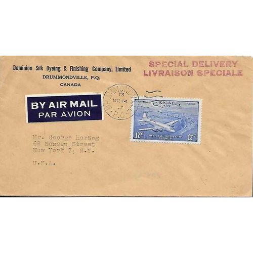 Canada Special Delivery Air Mail Combo 1947 #CE4 Drummondville Quebec to USA