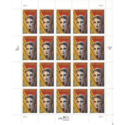 Ayn Rand Sheet of Twenty 33 Cent Postage Stamps Scott 3308