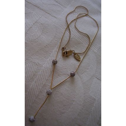 Vintage M & S Gold Plated White Crystal Ball & Chain Lariat Necklace