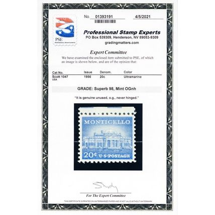 1047, Mint Superb 20¢ With Graded 98 PSE Certificate Stuart Katz