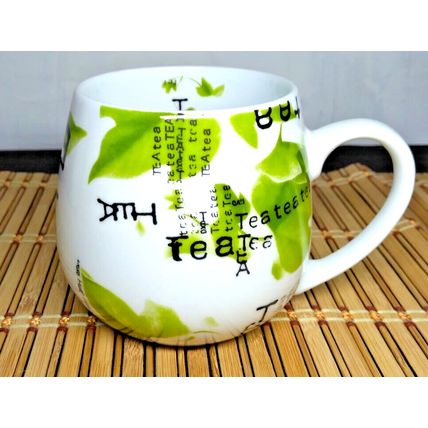 Konitz Tea Drinking Mug Leaves Word Tea All Over Porcelain Mug Made In Thailand