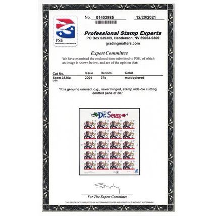 3835a, MNH 37¢ Die Cutting Omitted MAJOR ERROR Sheet PSE Cert - Stuart Katz
