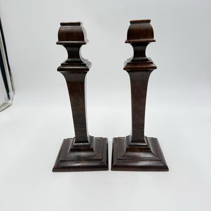 Early 20th Century Walnut Veneer Wood Pedestal Candlesticks Pair Red Velvet 10”