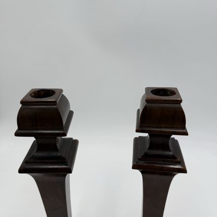 Early 20th Century Walnut Veneer Wood Pedestal Candlesticks Pair Red Velvet 10”