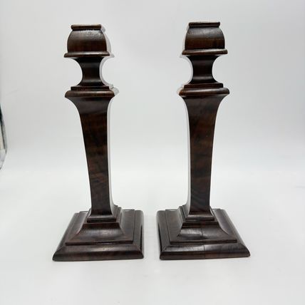 Early 20th Century Walnut Veneer Wood Pedestal Candlesticks Pair Red Velvet 10”