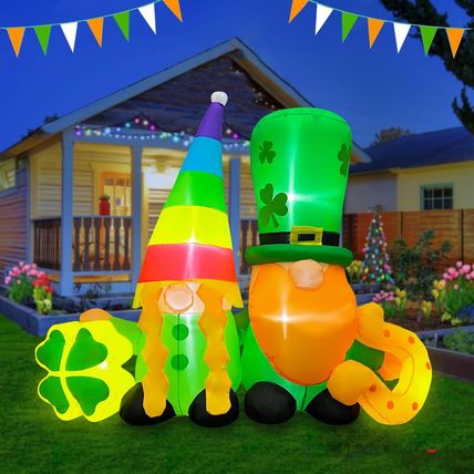 BLOWOUT FUN 4Ft St Patricks Day Inflatables Twin Gnomes with Shamrock and Lucky