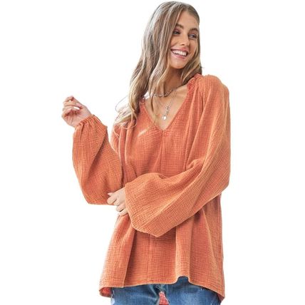 Orange Crinkle Textured Frill Split Neck Puff Sleeve Blouse