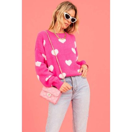 Bright Pink Fuzzy Valentine Hearts Drop Shoulder Sweater