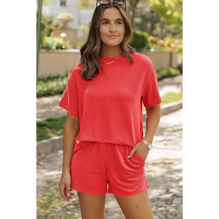 Orange Ribbed Textured Knit Loose Fit Tee and Shorts Set