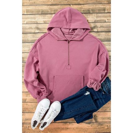 Valerian Fleece Lined Half Zipper Kangaroo Pockets Loose Hoodie