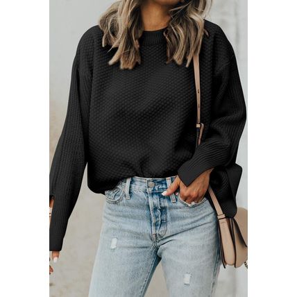 Black Solid Textured Knit Split Cuff Drop Shoulder Loose Sweater