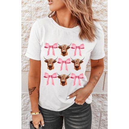 White Coquette Highland Cow Png Bows Graphic Tee