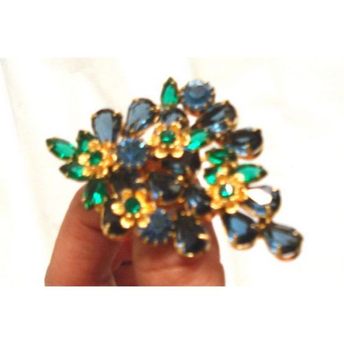 Juliana Vintage 50s Large Sapphire Emerald Crystal Rhinestone Leaf Brooch Pin