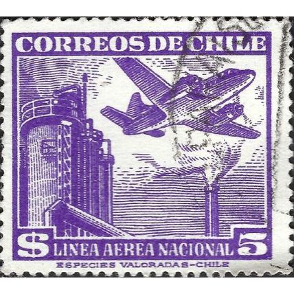 CHILE, AIR, Plane over industrial plant, violet 1951, $5