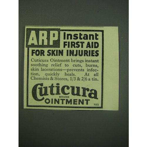 1940 Cuticura Ointment Ad - ARP Instant First Aid for Skin Injuries