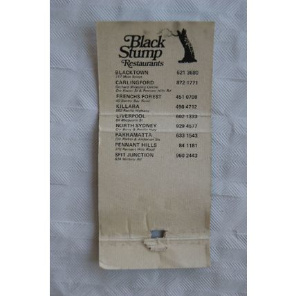 Matchbook Cover - Black Stump Restaurants - Australia