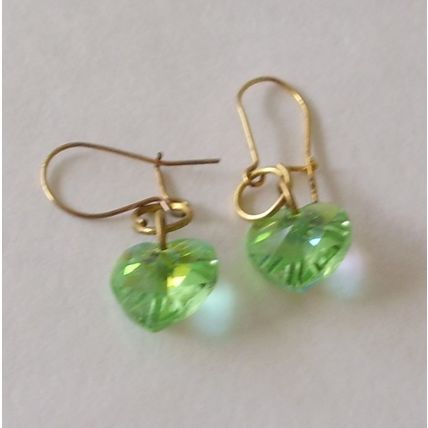 Vintage Earrings Green Aurora Borealis Crystal Heart Dangle Retro Pierced Drops