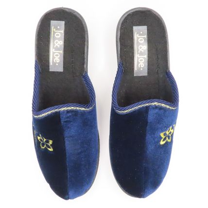 Ladies Mules Slippers Blue with Gold Trim & Flower Detail Wedge Heel Size 4