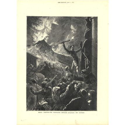 MOUNT VESUVIUS - POPULACE ATTACKING SAN GENNARO 1872 Durand VICTORIAN ENGRAVING