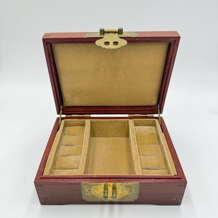 Chinese Classical Rosewood Brass Velvet Art Jewelry Case Trinket Box Wooden Asia