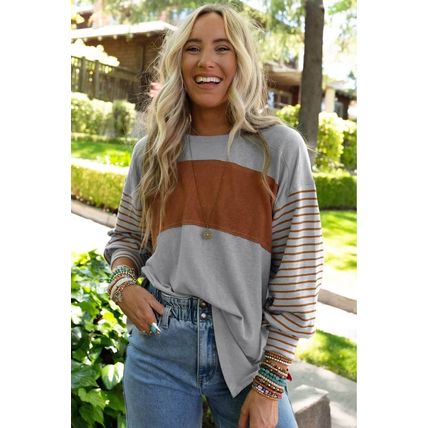 Gray Colorblock Striped Bishop Sleeve Top