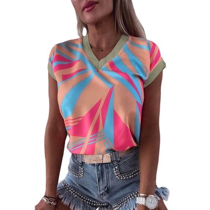 Orange Geometric Print Contrast Trim V Neck Blouse