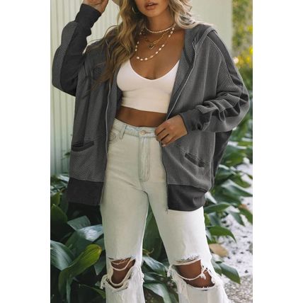 Gray Thermal Waffle Knit Full Zipper Hooded Jacket