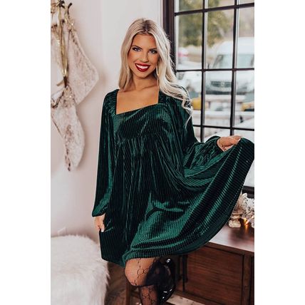 Green Tie Back Square Neck Velvet Babydoll Dress