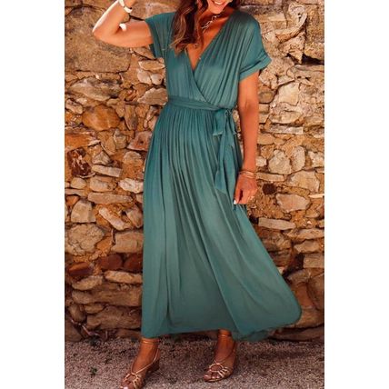Blackish Green Solid Color V Neck Wrap Pleated Short Sleeve Maxi Dress