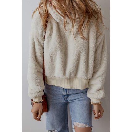 White Contrast Ribbed Edge Plush Hoodie