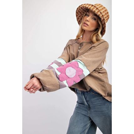 Light French Beige Flower Striped Patchwork Puff Sleeve Loose Sweatshirt
