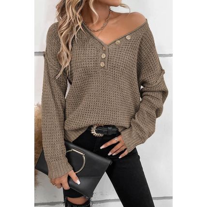 Khaki Pointelle Knit Button V Neck Drop Shoulder Sweater