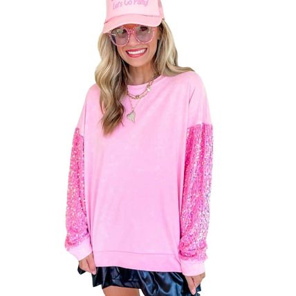 Pink Sequin Patchwork Long Sleeve Pullover Top