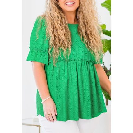 Green Textured Frilled Short Sleeve Plus Size Babydoll Blouse